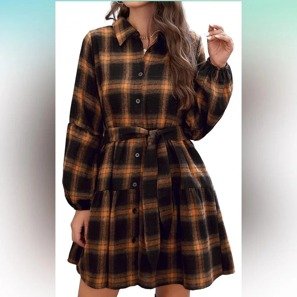 NWT Plaid Button-Up Belted Dress